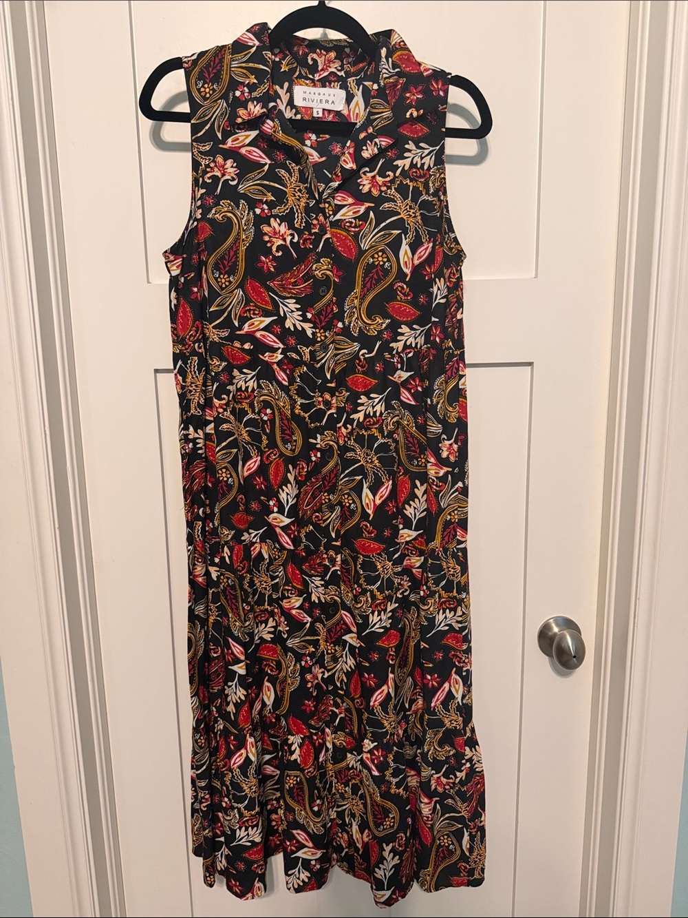 Margaux Riviera Black Paisley Tiered Floral Maxi Dress with Red & Gold Motifs